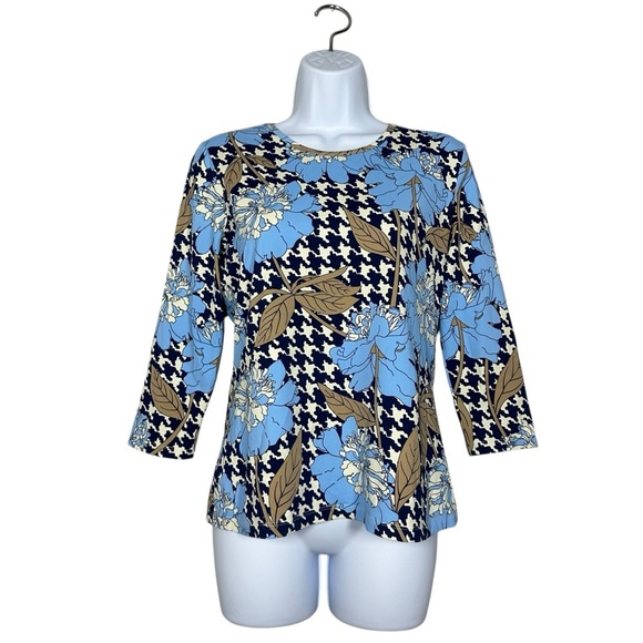 J.McLaughlin Catalina Cloth Top Small Blue Floral Houndstooth 3/4 Sleeve Preppy - Picture 10 of 10